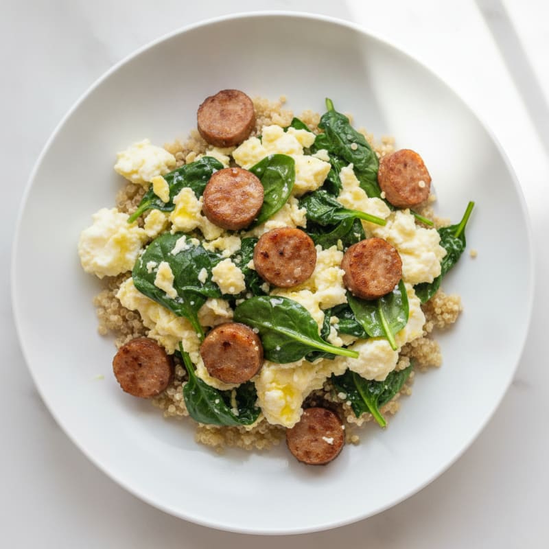 Egg White and Turkey Sausage Scramble with Sautéed Spinach and Quinoa