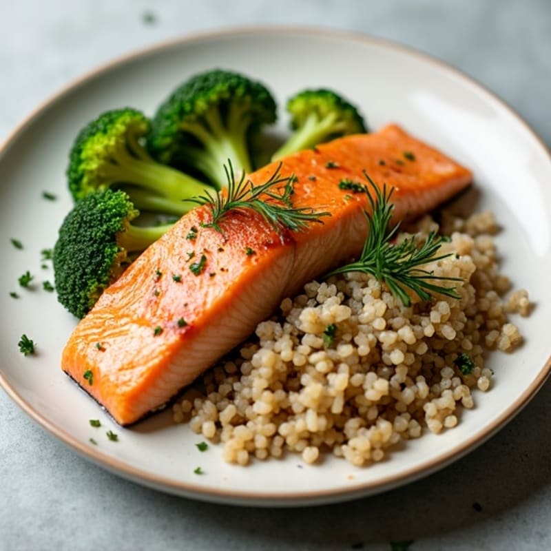 Seared Salmon with Steamed Broccoli and Herb Brown Rice