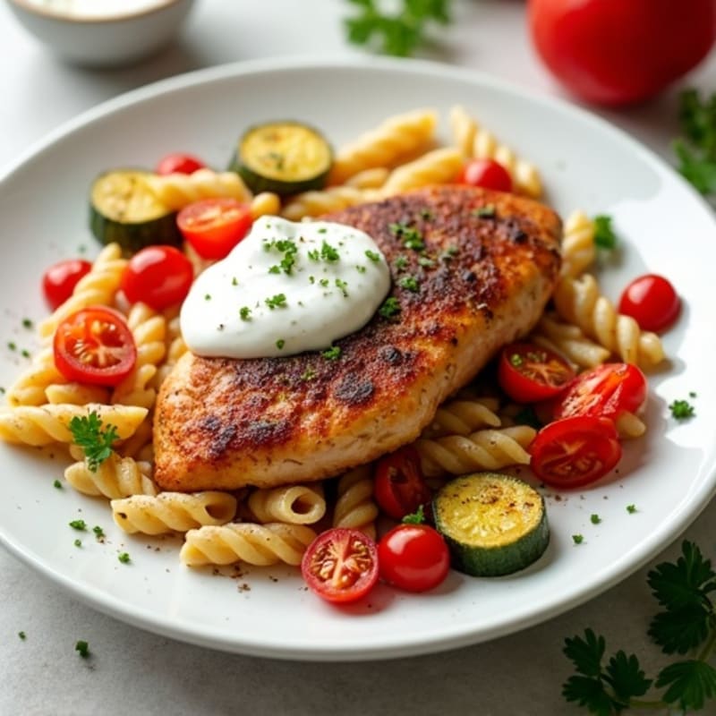 Spicy Cajun Chicken and Creamy Whole Wheat Pasta with Roasted Vegetables