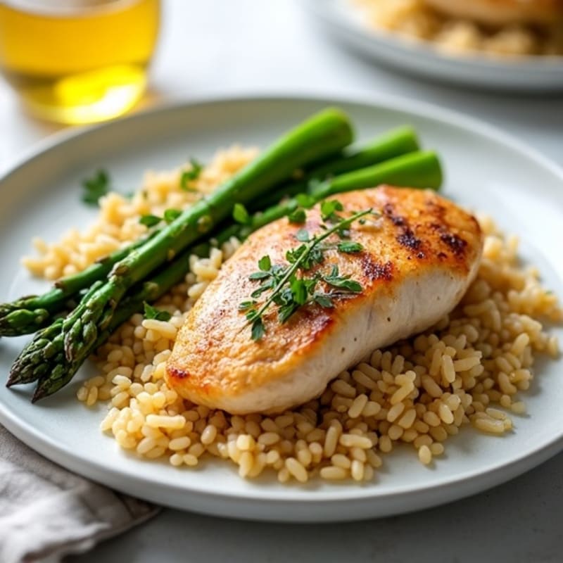 Seared Chicken Breast with Garlic Brown Rice and Steamed Asparagus