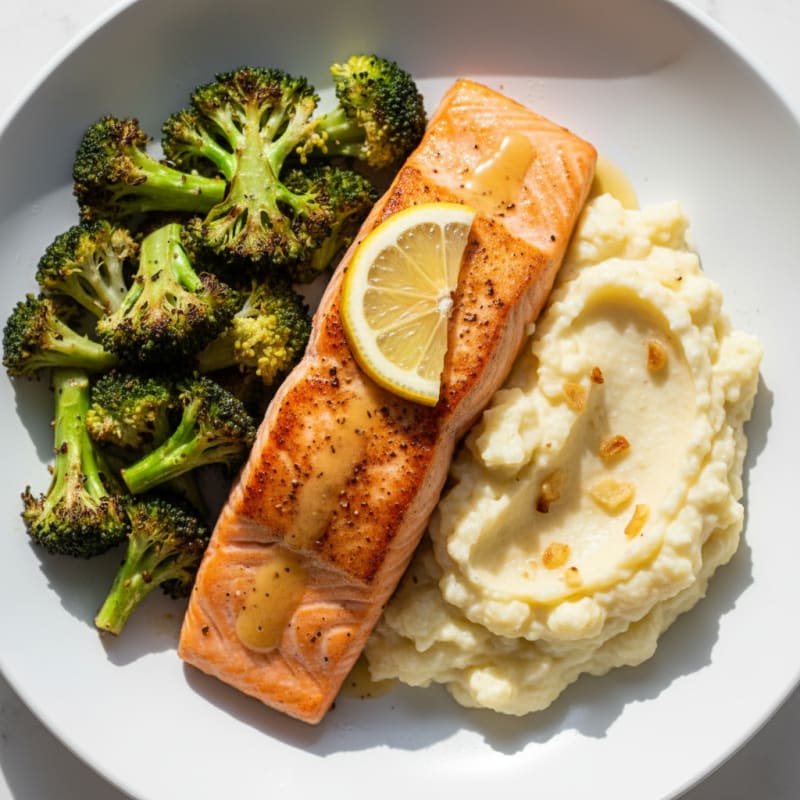 Seared Salmon with Roasted Broccoli and Garlic Mashed Cauliflower