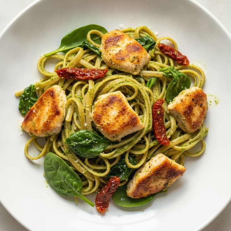 Pesto Chicken Linguine with Sun-Dried Tomatoes
