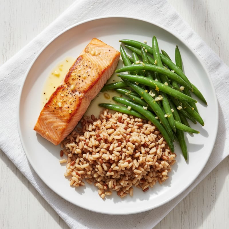 Seared Salmon with Garlic Green Beans and Brown Rice
