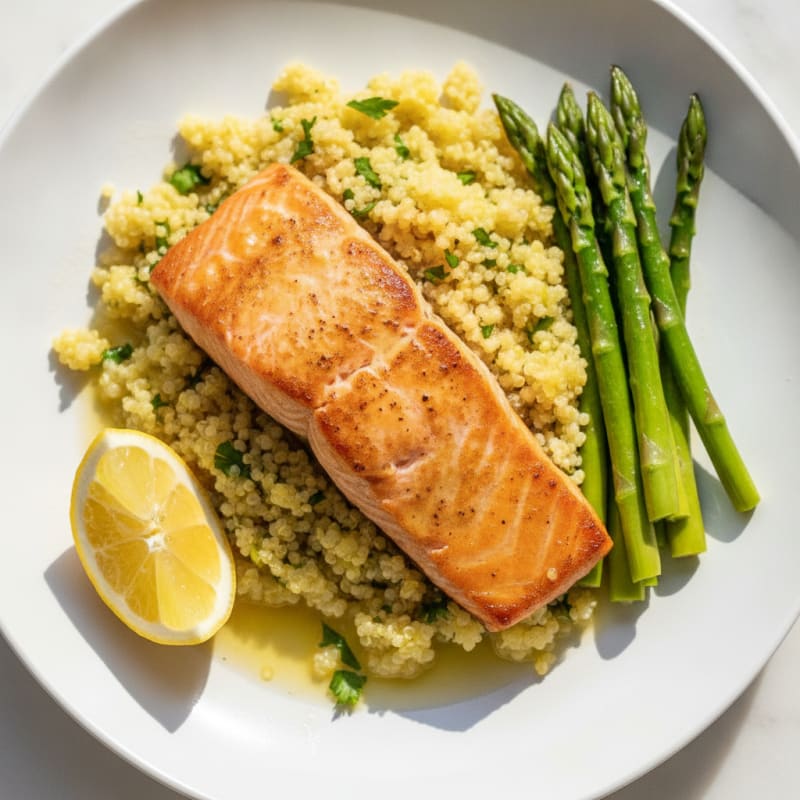 Seared Salmon with Steamed Asparagus and Lemon Quinoa