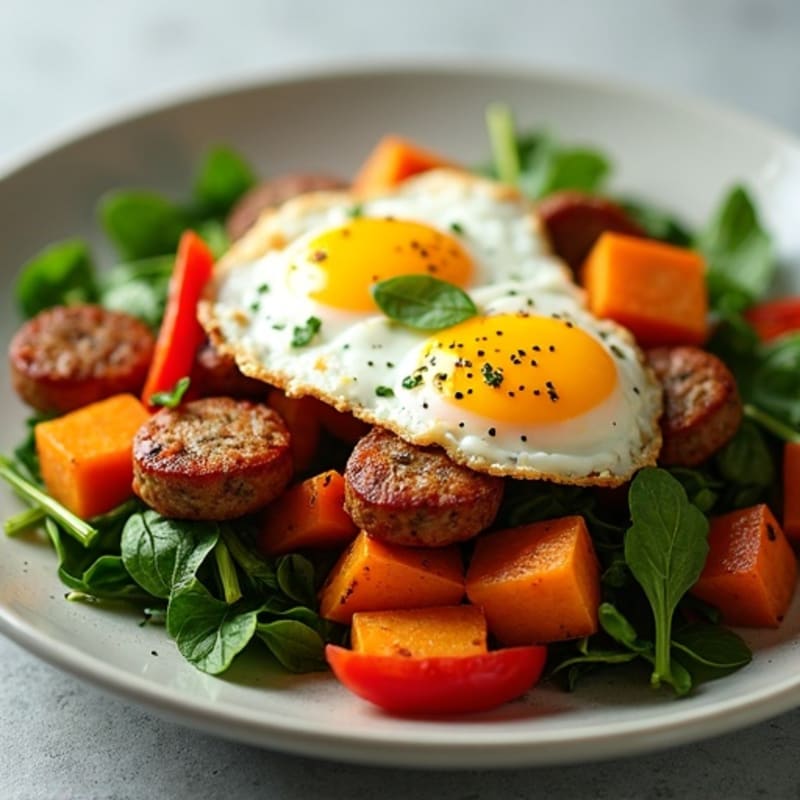 Crispy Sweet Potato and Turkey Sausage Hash with Fresh Spinach and Eggs