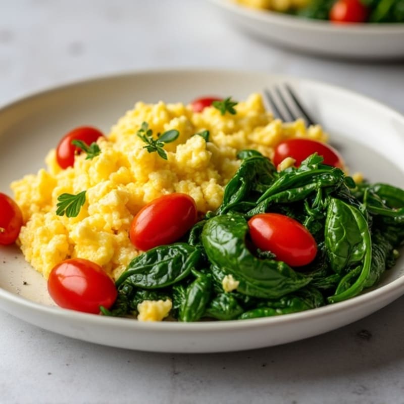 Fluffy Scrambled Eggs with Sautéed Spinach and Cherry Tomatoes