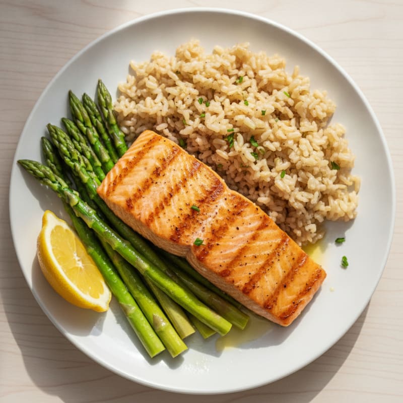 Seared Salmon Fillet with Steamed Asparagus and Brown Rice
