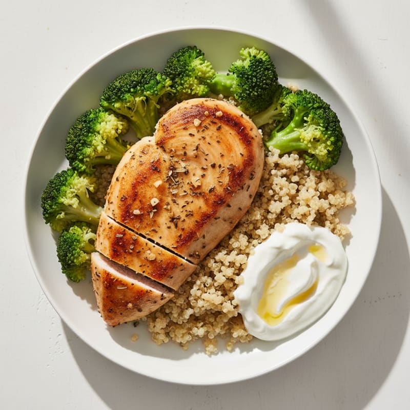 Herb-Seared Chicken Breast with Steamed Broccoli and Quinoa