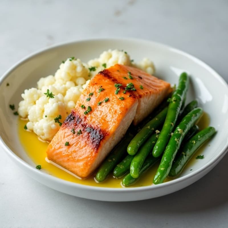 Seared Salmon with Steamed Green Beans and Garlic Mashed Cauliflower