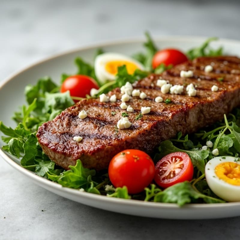 Grilled Beef Steak Salad with Crunchy Greens and Cherry Tomatoes
