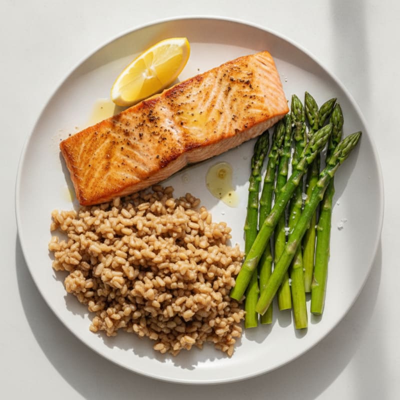 Seared Salmon with Steamed Asparagus and Brown Rice
