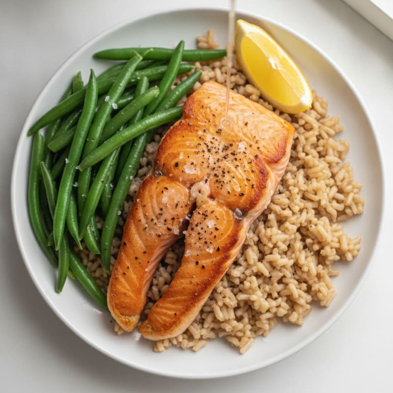 Seared Salmon Fillet with Steamed Green Beans and Brown Rice