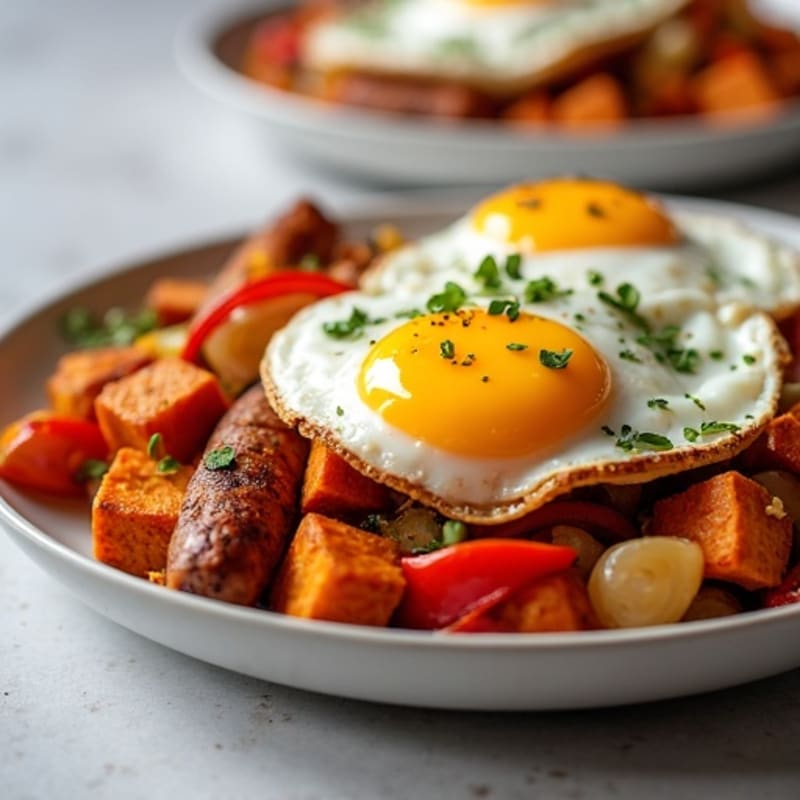 Crispy Sweet Potato Hash with Chicken Sausage and Fried Eggs