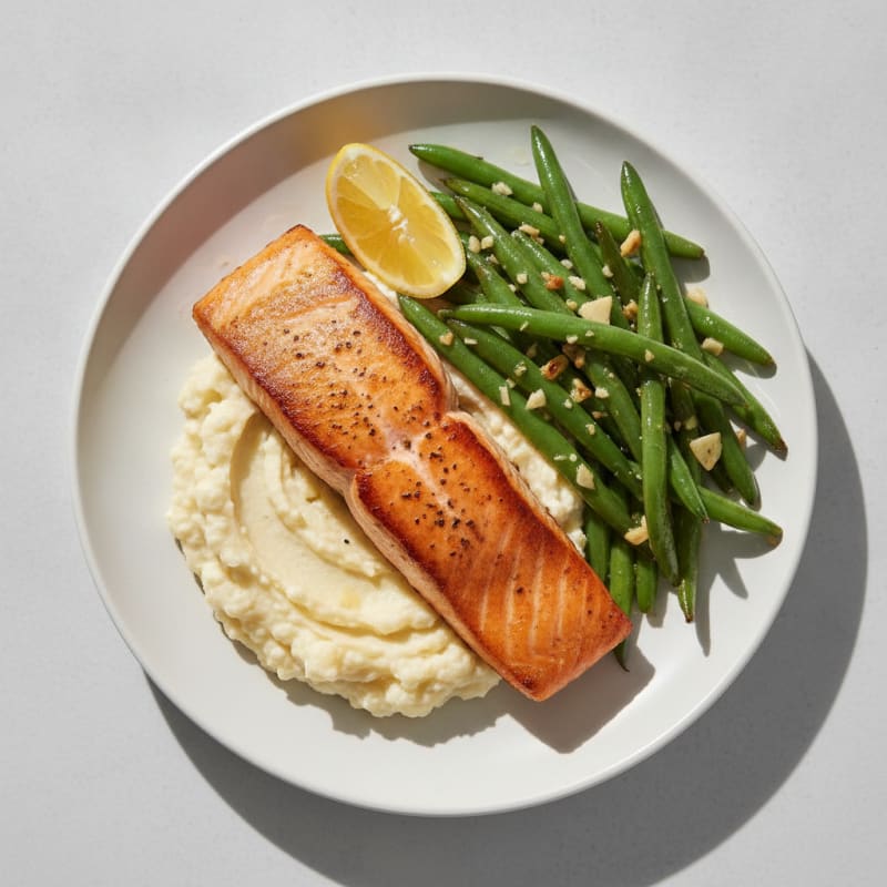 Seared Salmon with Garlicky Green Beans and Cauliflower Mash