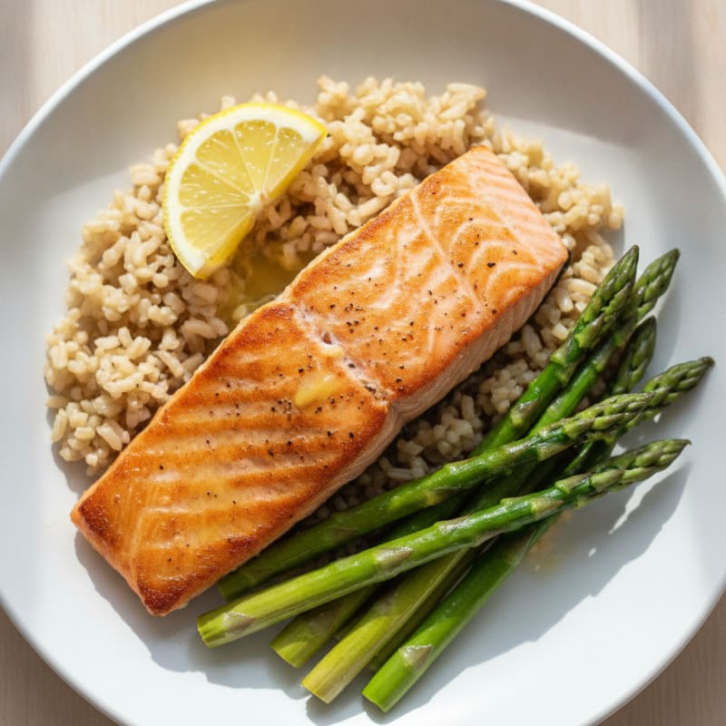 Seared Salmon with Steamed Asparagus and Brown Rice