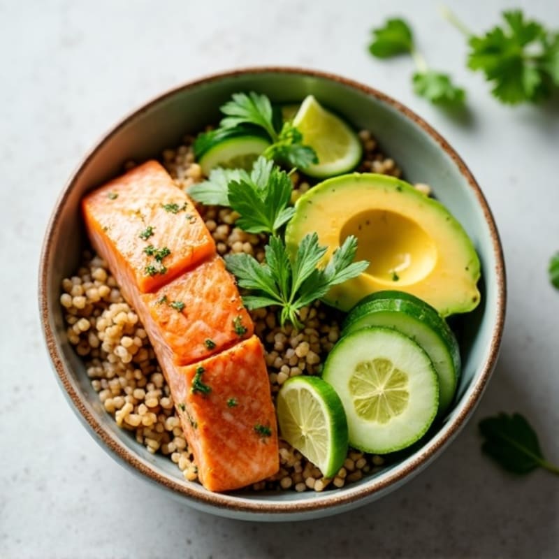 Fresh Salmon, Creamy Avocado, and Crispy Cucumber Rice Bowl