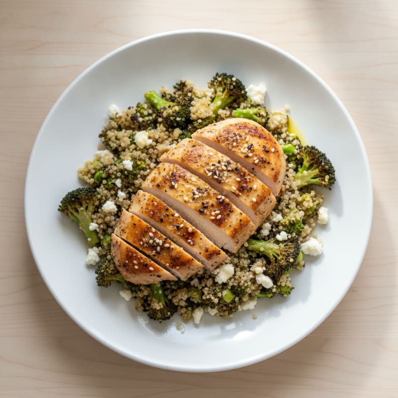 Grilled Chicken Breast with Roasted Broccoli and Quinoa Salad