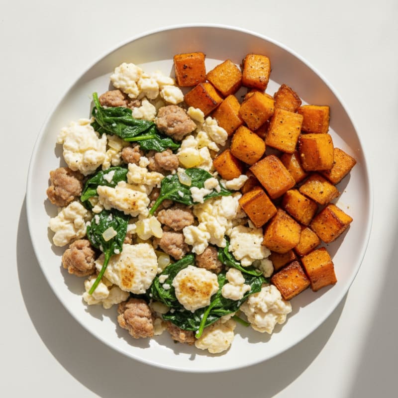 Egg White and Turkey Sausage Scramble with Spinach and Roasted Sweet Potato