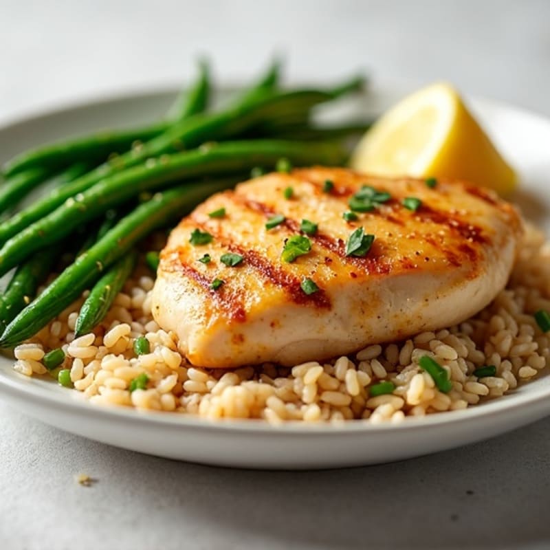 Tender Lemon-Garlic Pan-Seared Chicken with Roasted Green Beans and Brown Rice