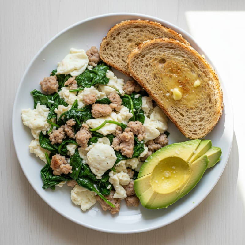 Egg White Spinach Scramble with Turkey Sausage
