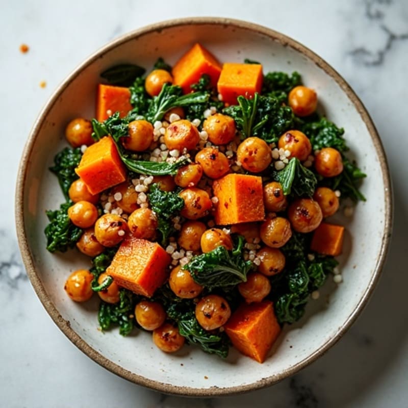 Smoky Roasted Sweet Potato and Crispy Chickpea Skillet with Braised Collard Greens