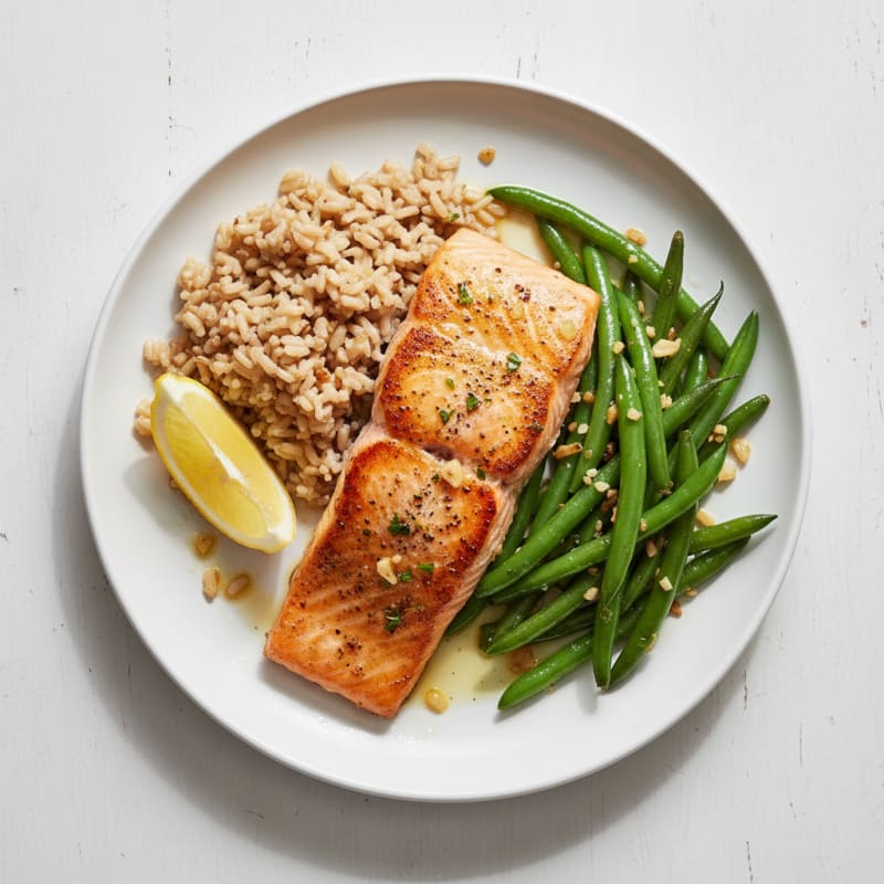 Seared Salmon with Garlic Green Beans and Brown Rice