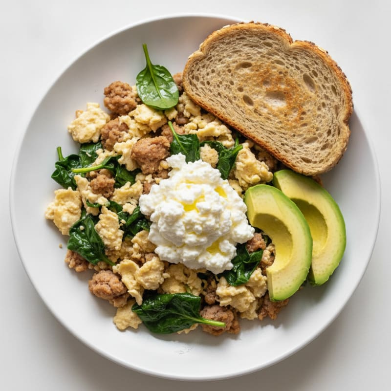 Egg White and Turkey Sausage Scramble with Cottage Cheese and Spinach