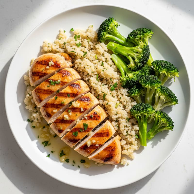 Grilled Lemon-Garlic Chicken Breast with Quinoa and Steamed Broccoli