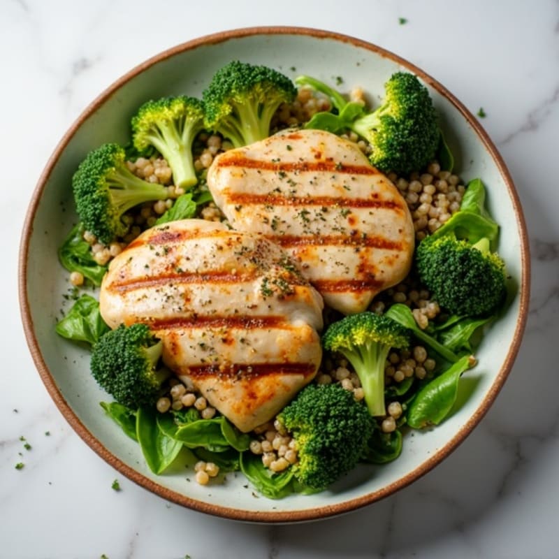 Grilled Chicken Breast Salad with Quinoa and Roasted Broccoli