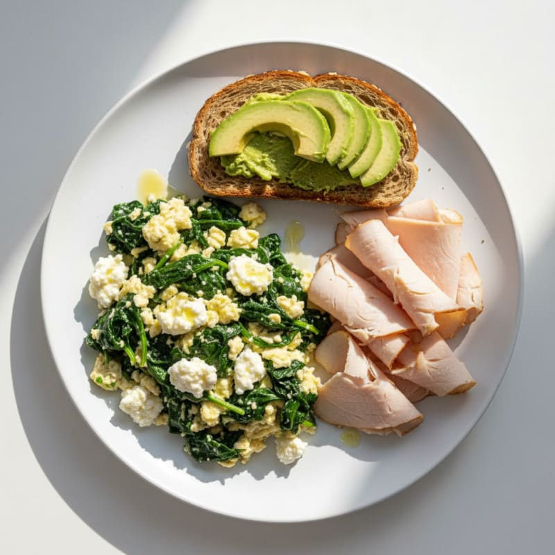 Egg White Spinach Scramble with Cottage Cheese and Sliced Turkey