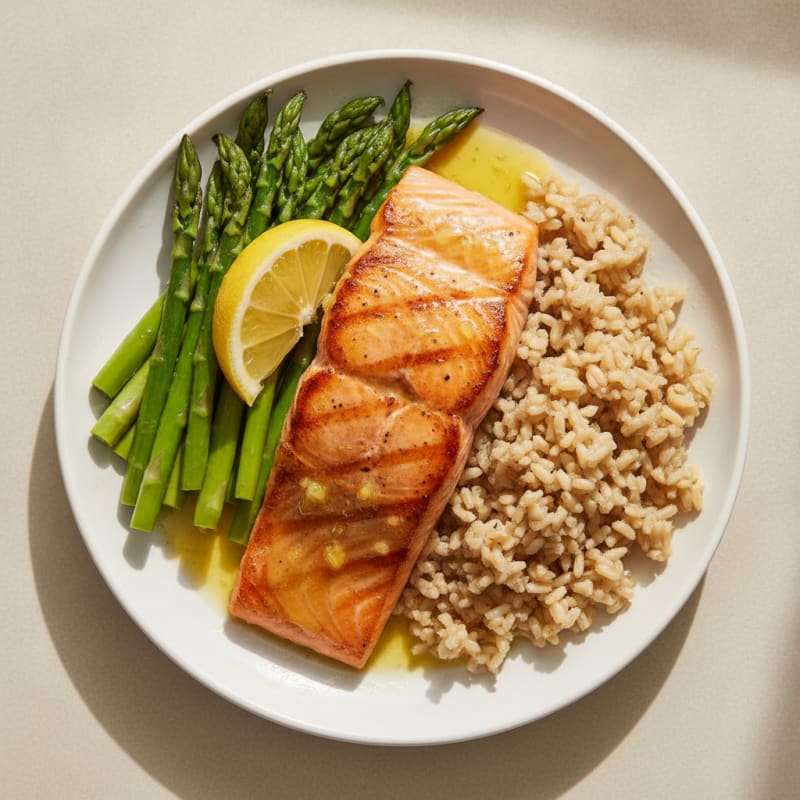 Seared Salmon with Steamed Asparagus and Brown Rice