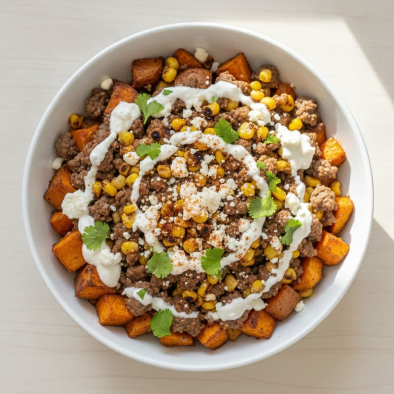 Beef Street Corn with Roasted Sweet Potatoes