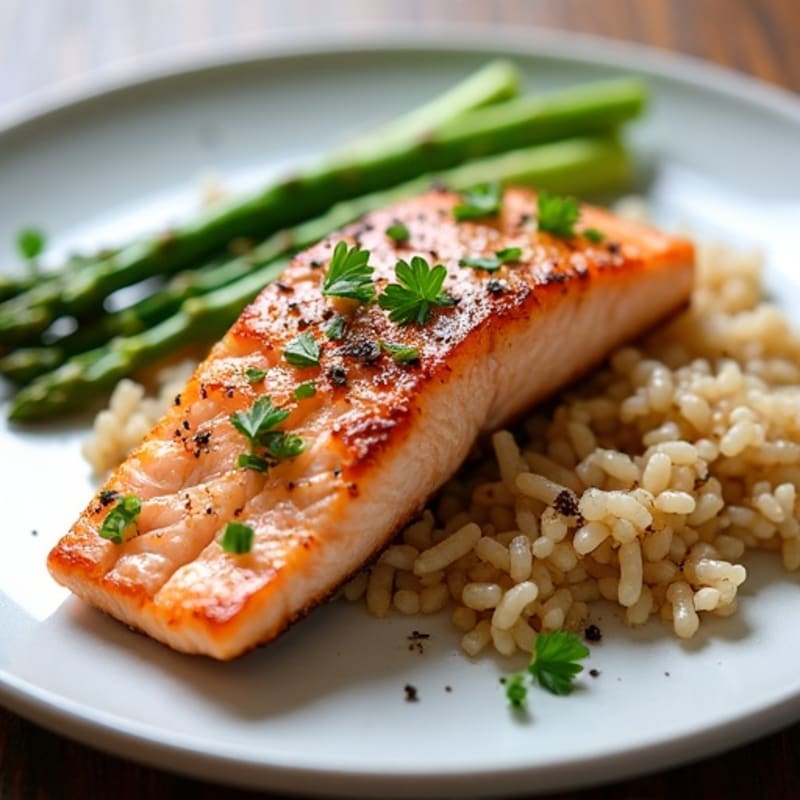Seared Salmon with Steamed Asparagus and Brown Rice