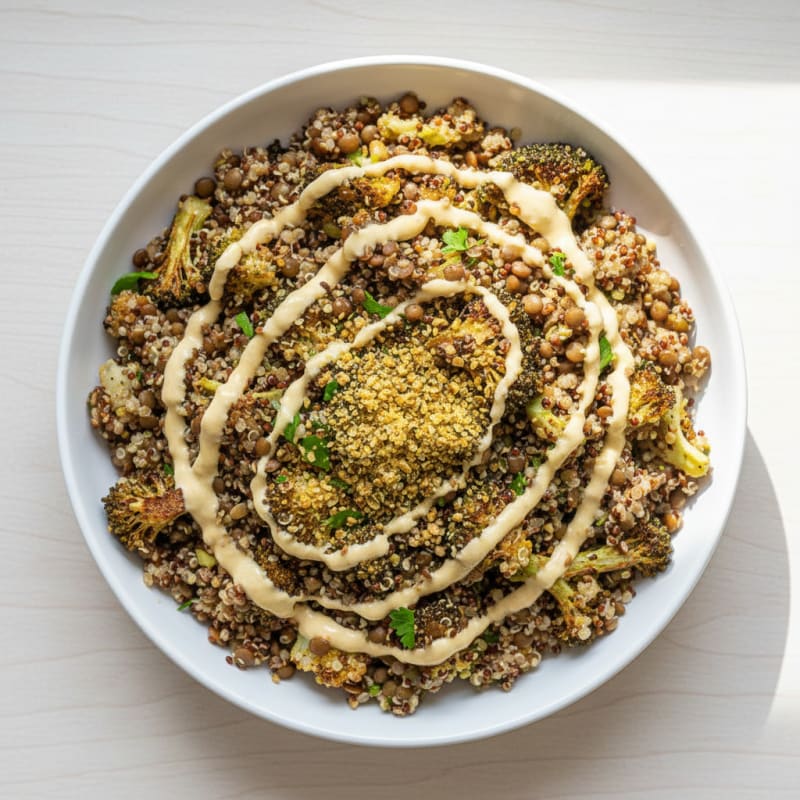 Lentil and Quinoa Crunchy Power Bowl with Roasted Broccoli and Tahini Drizzle