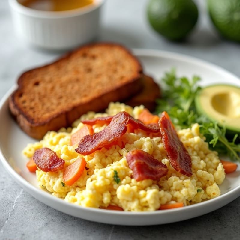 Crispy Turkey Bacon and Egg White Scramble with Roasted Sweet Potatoes