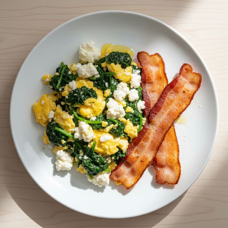 Cottage Cheese Scramble with Sautéed Spinach and Turkey Bacon