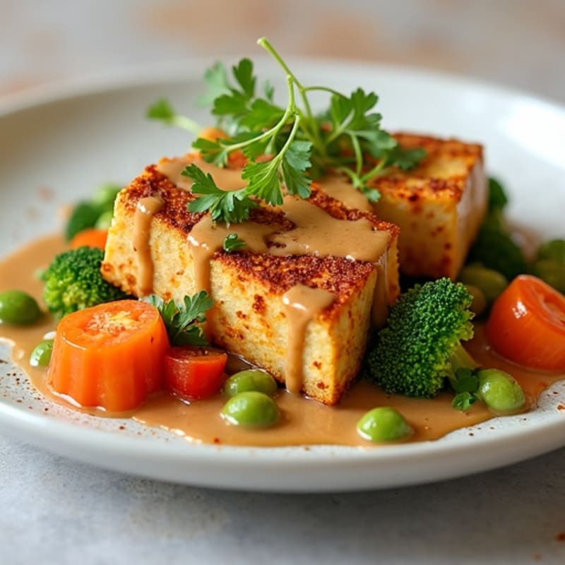 Crispy Baked Tofu with Roasted Vegetables with Creamy Peanut Sauce