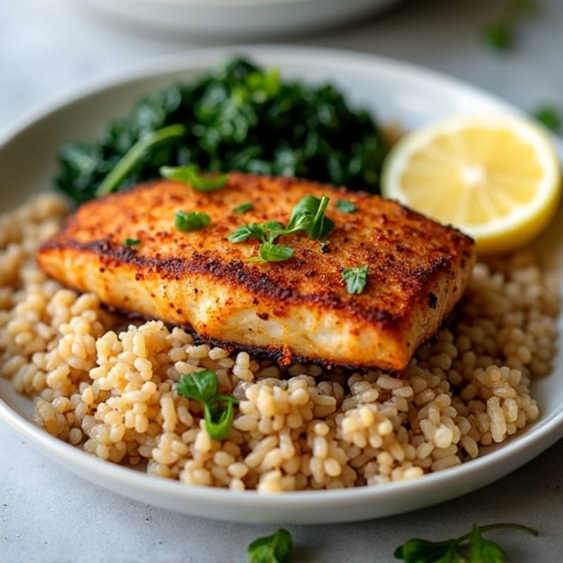 Crispy Cajun Blackened Catfish with Brown Rice and Sautéed Spinach