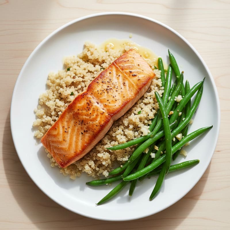 Seared Salmon Fillet with Garlic Green Beans and Quinoa