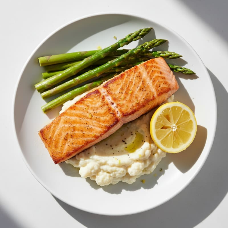 Seared Salmon Fillet with Steamed Asparagus and Cauliflower Mash