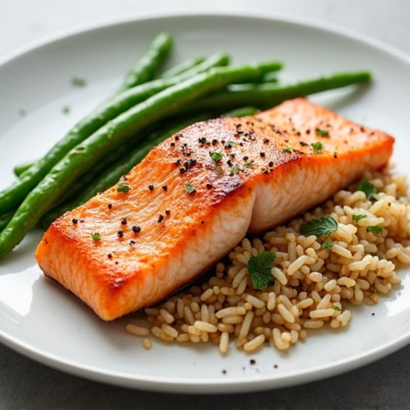 Seared Salmon Filet with Garlic Green Beans and Brown Rice
