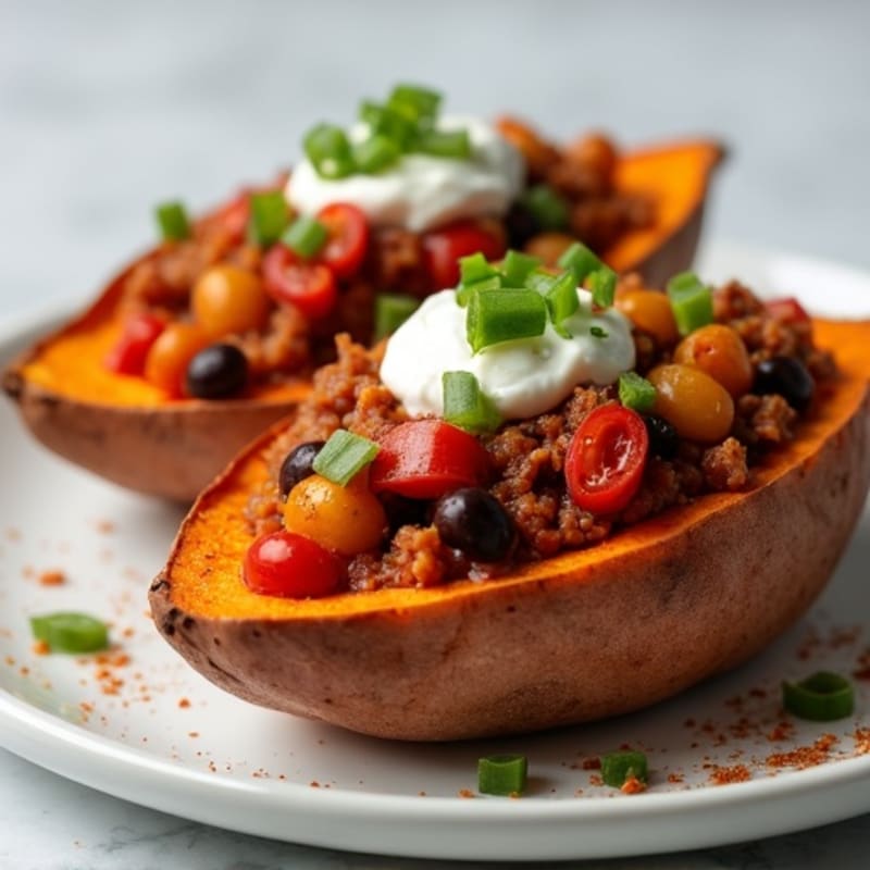 Lean Turkey Chili Loaded Sweet Potato Boats