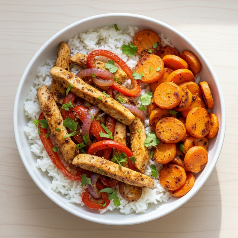 Chicken Fajita Rice Bowl with Roasted Carrots