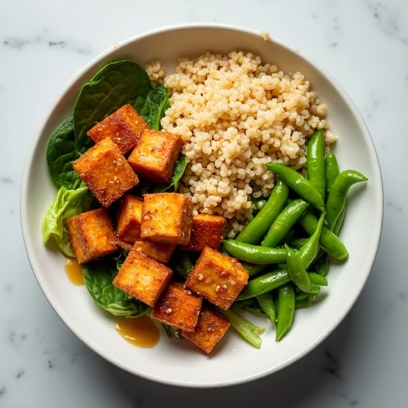 Crispy Tofu and Edamame Power Bowl with Quinoa