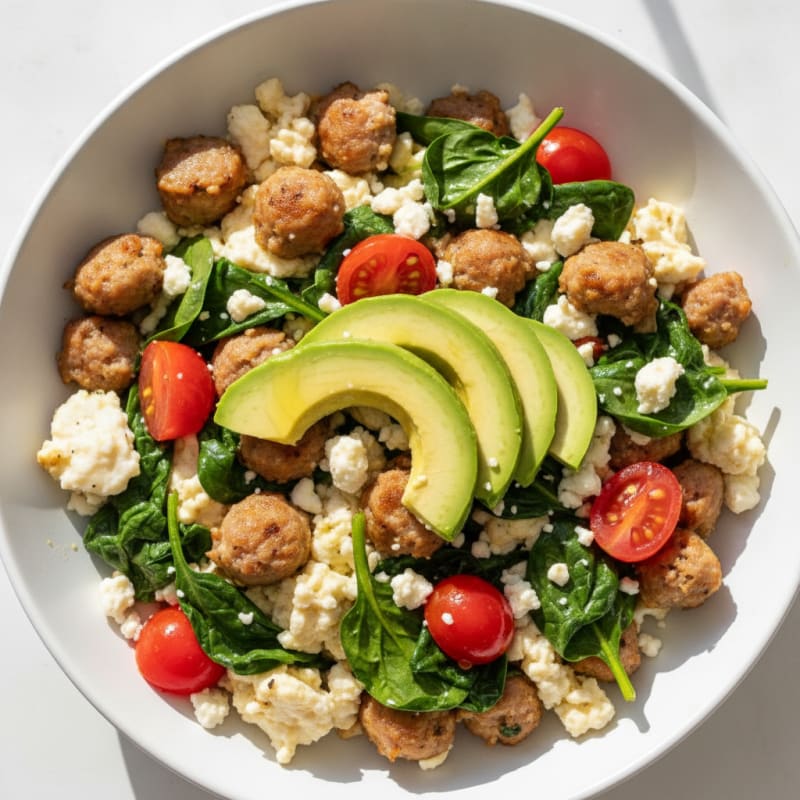 Egg White and Turkey Sausage Scramble with Spinach and Tomatoes