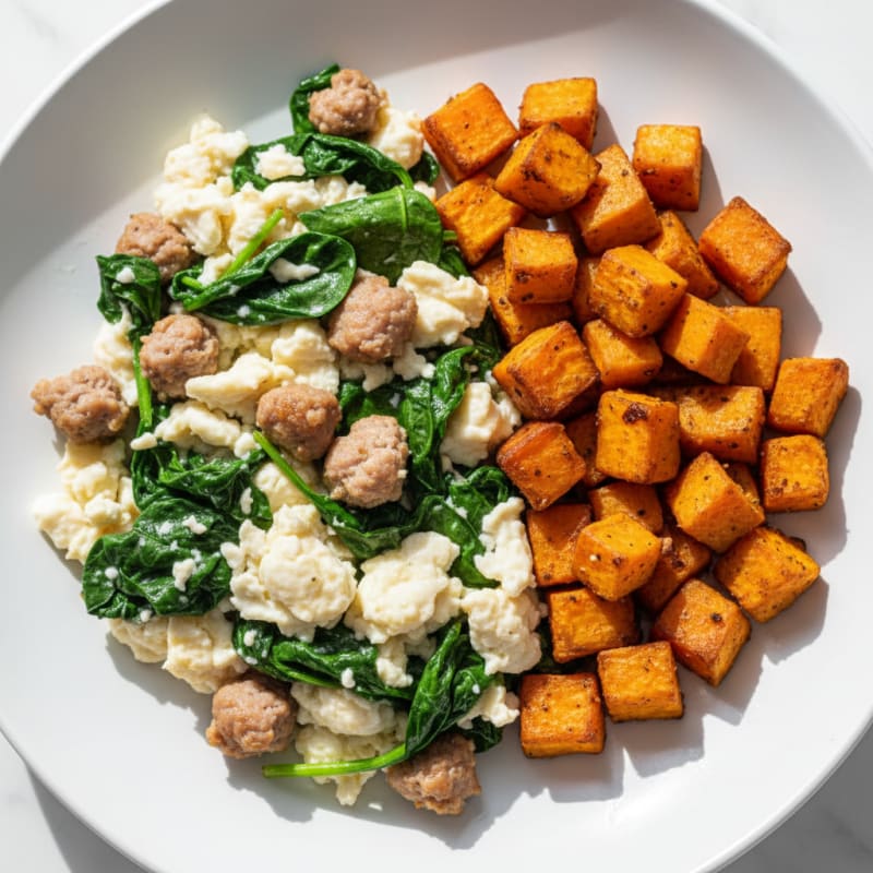 Egg White and Turkey Sausage Scramble with Spinach and Roasted Sweet Potato