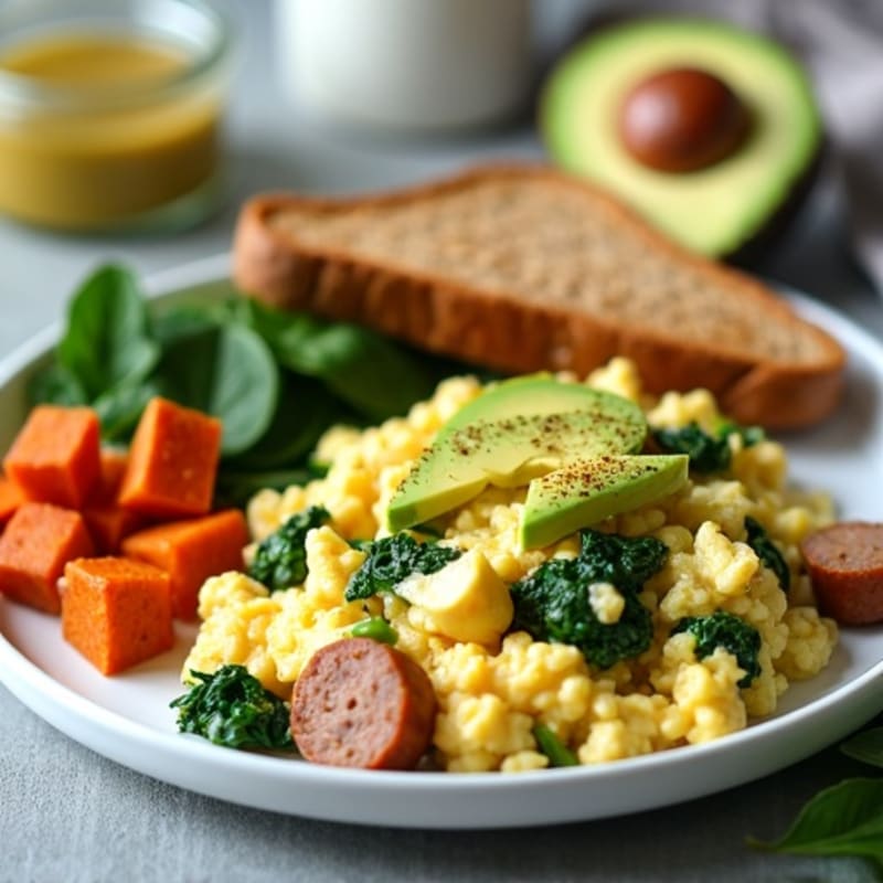 Egg White and Turkey Sausage Scramble with Spinach and Roasted Sweet Potato