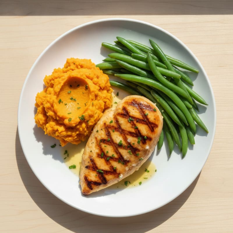 Grilled Lemon Garlic Chicken Breast with Steamed Green Beans and Sweet Potato Mash