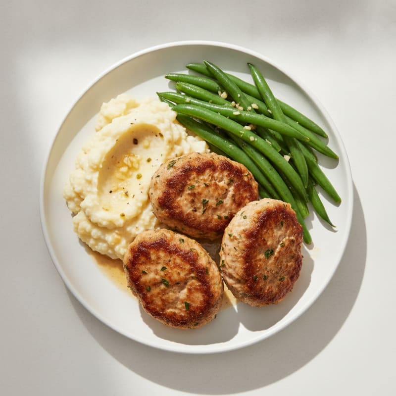 Seared Turkey Patties with Steamed Green Beans and Cauliflower Mash