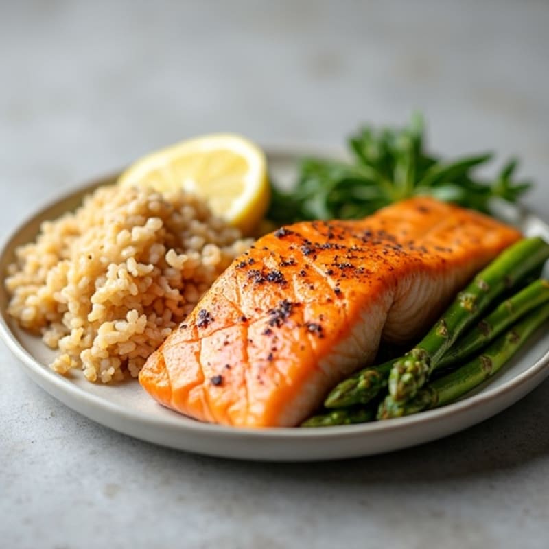 Seared Salmon with Brown Rice and Steamed Asparagus